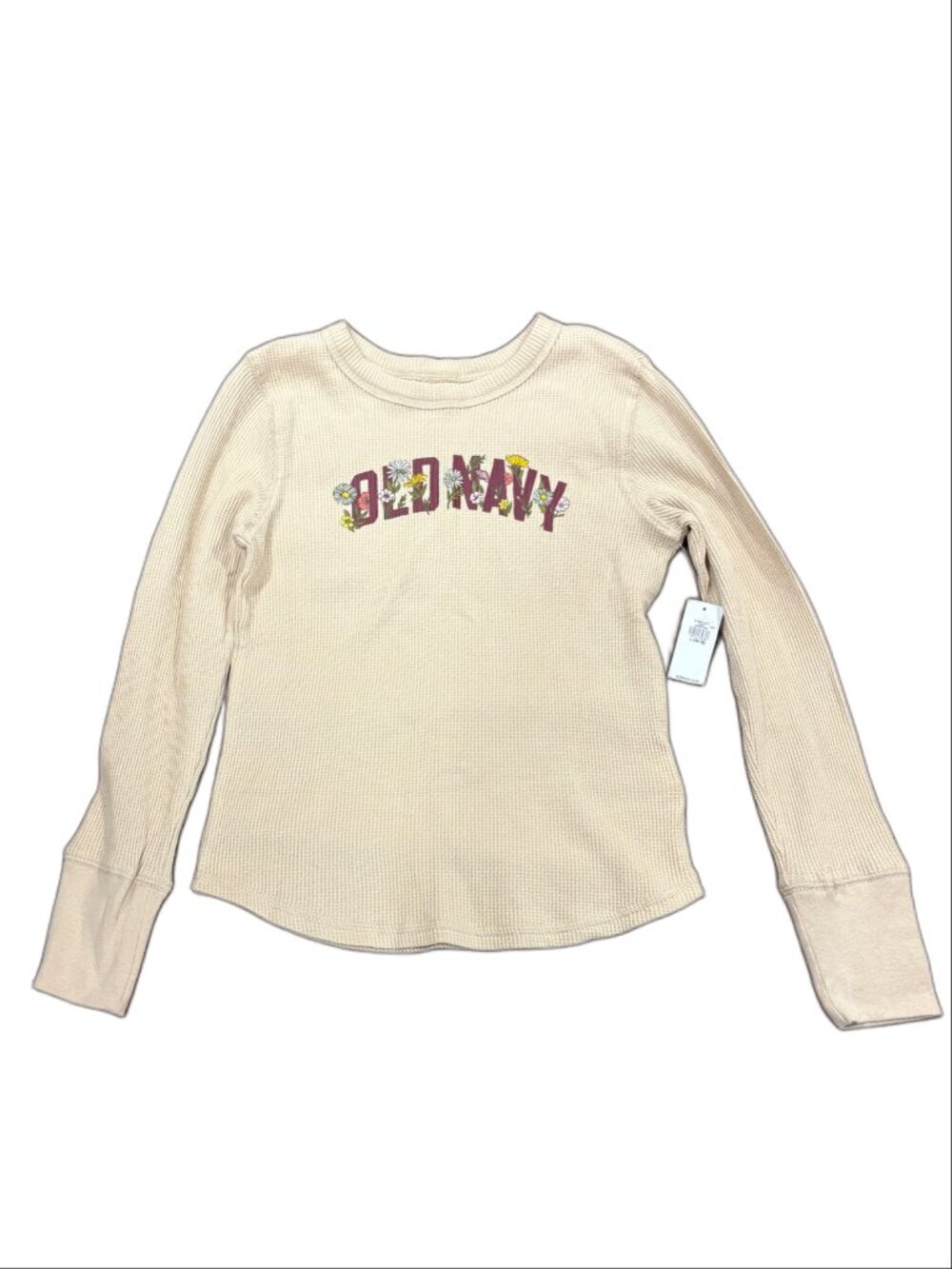 Old Navy NWT Girls Waffle Knit Floral Graphic Long Sleeve Top - Beige/Oatmeal